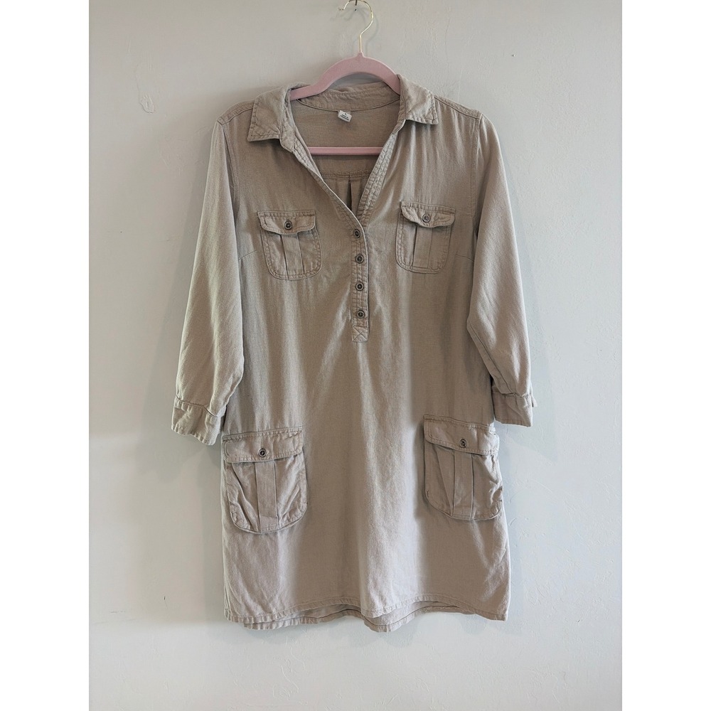 Old Navy Women Tan Khaki Linen Blend Utility Shirt Dress 3/4 Sleeve Size L